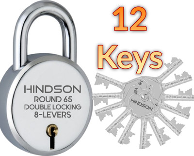 HINDSON Lock with 12 Keys Steel Round 65mm Lock and Key, 8 Lever Padlock Padlock(Silver)