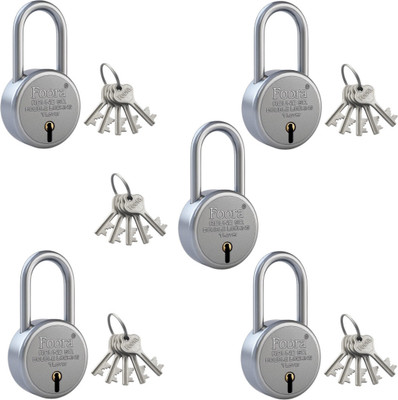 Foora Round 50 LS Lock with 5 Keys | Long Shackle Padlock (Pack Of 5) Padlock(Silver)