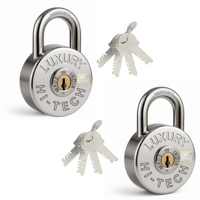 Fithome Round Lock 71mm 4 Keys Lock and Keys for Home Door Gate Shop Shutter (pack of 2) Padlock(Chrome, Brass Combination)