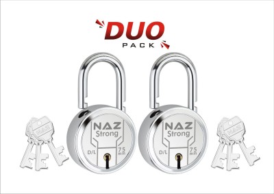 Naz Strong 75 MM Double Locking Padlock with 3 Keys, 10 Levers Mechanism (2 Pieces) Padlock(Silver)