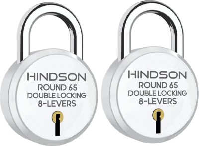 HINDSON Round 65 Double Locking, 8 Levers with 3 Iron Key Lock , Pack of 2 Padlock(Silver)