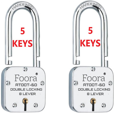 Foora 5 Keys Lock ATOOT 60mm, Long Hardened Shackle, Double Locking,8 Lever Pack of 2 Padlock(Silver)