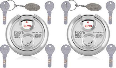Foora 90 mm Disc Lock for Shutter/Door – 4 Hi-Tech Brass Keys, (Pack of 2) Padlock(Silver)
