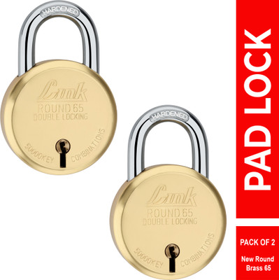 Link 65mm New Round Brass Padlock |Lever|Double Lock|50k Key Combinations (Pack of 2) Padlock(Gold)