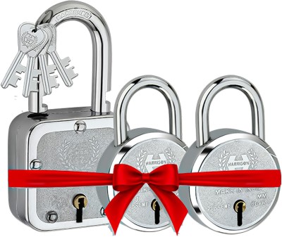 HARRISON Padlocks Buy 1 Get 2 Free | 1 Square Lock 55mm with 2 Lock 50mm | Lock and Key | Padlock(Bright Chrome Plated Finish)
