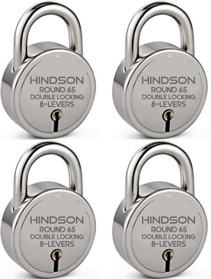 HINDSON Round 65mm Double Locking, 8 Levers with 3 Iron Key Lock , Pack of 4 Padlock(Silver)
