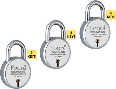 Foora (PK-3) New Round 65 with 5 Keys Each, Double Locking, Lever Technology, 8 Lever Padlock(Silver)