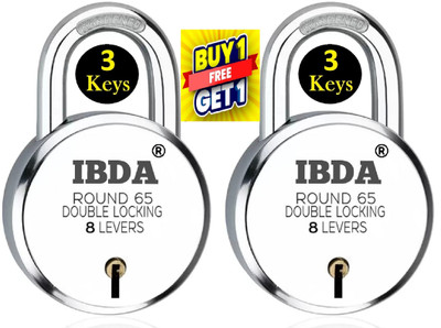 IBDA LOCKS 65mm Round 1+1 Pc.| Double Locking | 8 Levers' Technology| Rivetless Steel Padlock(Silver)