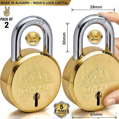 HOZIL L65 65mm with 3keys, double locking, hardened shackle, 8 levers (pack of 2) Padlock(Gold)