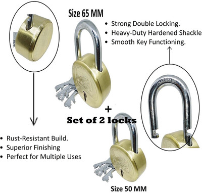 Rizmeg Round Padlock Set of 2 padlocks – 65MM & 50MM Heavy Duty Locks for home door Padlock(Gold)