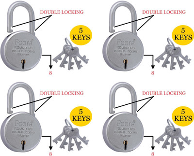 Foora (Pack of 4) Round 65 with 5 Keys Each, Heavy Shackle, Double Locking, 8 Lever Padlock(Silver)