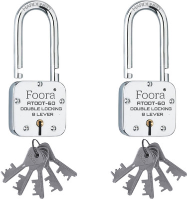 Foora Twin Pack Atoot 60mm LS Brass Locks with Long Shackle and 5 Keys Each Padlock(Silver)