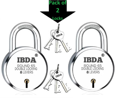 IBDA Round Lock 65mm 2 Pcs. | Double Locking | 8 Levers' Technology | Rivetless Steel Padlock(Silver)