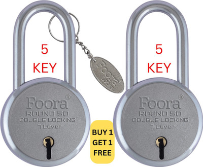 Foora Small Lock and keys Round 50mm Long Shackle 5 keys Pack of 2 padlock for home Padlock(Silver)