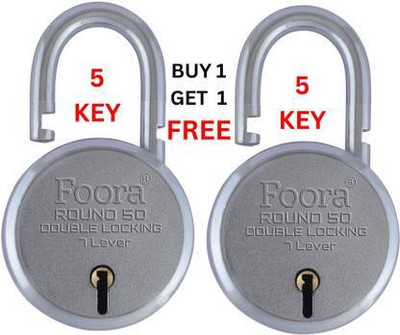 Foora Small 50mm Round Padlock with 8 Levers, Double Locking, & 5 Keys Padlock(Silver)