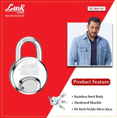 Link Hi-Tech 65mm Round Lock | Steel Body | Hardened Shackle | Made in India Padlock(Silver)