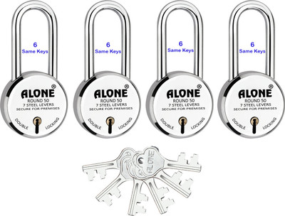 alone Round 50mm Long Neck 6 Same Keys 4 Padlocks for home door gate shutter shop Padlock(S.S, Chrome)