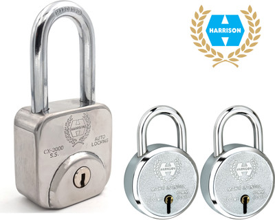 HARRISON Padlock Buy 1 Get 2 Free 1 Square Lock 60mm with 2 Round Lock 50mm| Lock and Key Padlock(Bright Chrome Plated Finish)