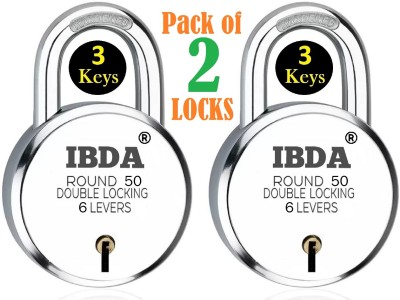 IBDA small lock 50mm | PACK of 2 | Double Locking | 6 Levers' | Rivetless Steel Body Padlock(Silver)