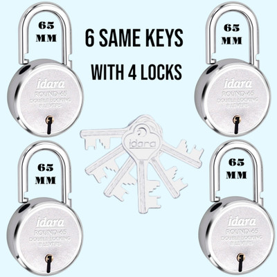 IDARA Round 65mm Same Key Lock Set - 4 Locks with 6 Same Keys for Home & Shop Security Padlock(Chrome)