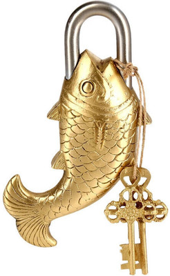 PRIME HOMES Brass Fish Lock With 2 Antique Keys Fish Shape Padlock Padlock(Golden)