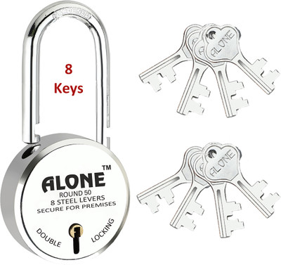 alone Long Shackle Round 50mm Padlock for Home Gate Shop & Shutter, D/L 8 Keys Padlock(Chrome)