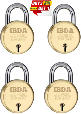 IBDA Buy 3 Get 1 FREE | lock and key | 65mm lock | 8 Levers Technology | Brass Finish Padlock(Gold)
