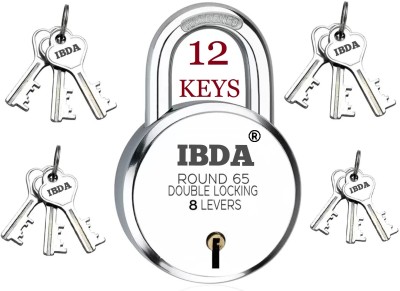IBDA lock with 12 keys round 65mm | Double Locking | 8 Levers | Rivetless Steel Body Padlock(Silver)