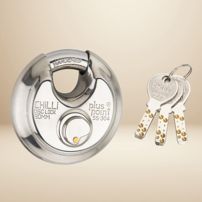PLUS POINT Heavy Duty 90mm Disc Padlock 9-Pin Security System with 3 Brass Dimple Keys Padlock(Silver)