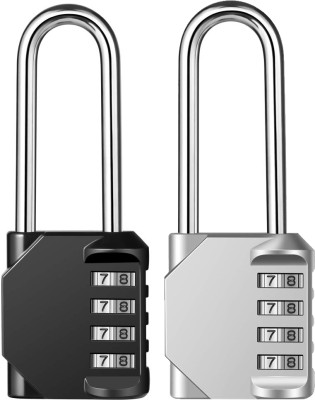 Store2508 Combination Padlock Long Shackle Solid Zinc Alloy Body (Black & Silver) Combination Lock(Black & Silver)