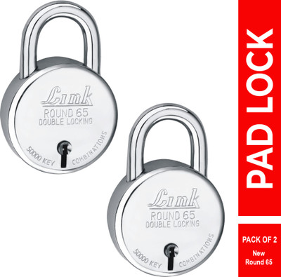 Link 65mm New Round |Lever|Double Locking|50k Key Combinations (Pack of 2) Padlock(Silver)