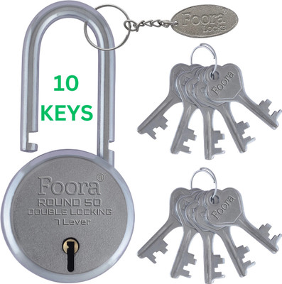 Foora Round 50 LS with 10 Keys, Extra Long Shackle, Double Locking, 7 Lever 50mm small Padlock(Silver)