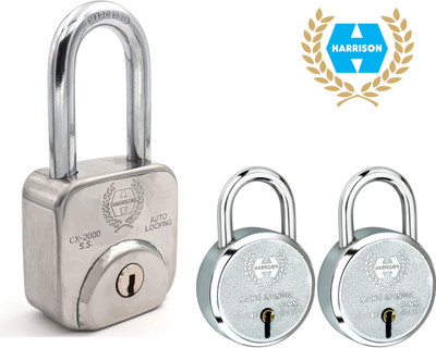 HARRISON Padlock Buy 1 Get 2 Free 1 Square Lock 60mm with 2 Round Lock 50mm| Lock and Key Padlock(Bright Chrome Plated Finish)