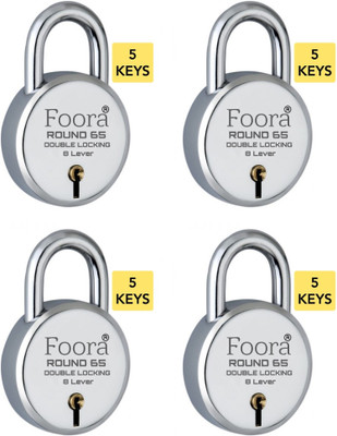 Foora (PK-4) New Round 65 with 5 Keys Each, Double Locking, Lever Technology, 8 Lever Padlock(Silver)