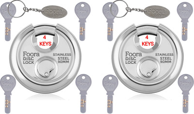 Foora Disc 90mm Shutter/Door Lock with 4 Hi-Tech Brass Keys Each, Hardened Shackle Lock(Silver)