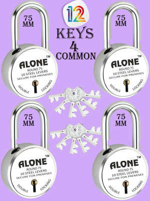 alone Round 75mm Lock for Home Gate Shop & Shutter, 12 Same Keys 4 Locks (Pack4) Padlock(Silver, Chrome)