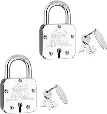 Link Atoot 75mm LocK|2 Cr Key Combinations|Hardened Shackle|Brass Lever (Pack 2) Padlock(Silver)