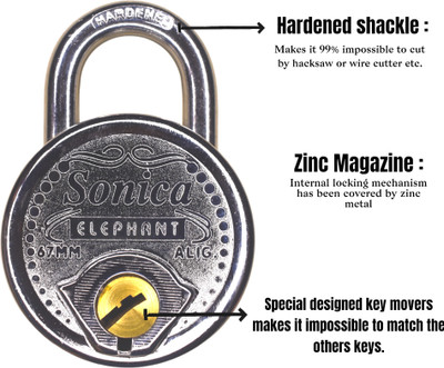 Sonica Size-67mm Heavy Lock System/Hardened Shackle/Shutter Lock/Round Lock(Silver) Padlock(Silver)