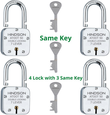 HINDSON 4 Same key lock 4 lock with common key Atoot 50mm multiple lock with single key Padlock(Silver)