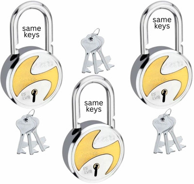 onepro Azco Sport Silver Gold 65 MM 9 Same Keys with 3 Padlocks 8 Levers Double Locking Padlock(Silver, Gold)