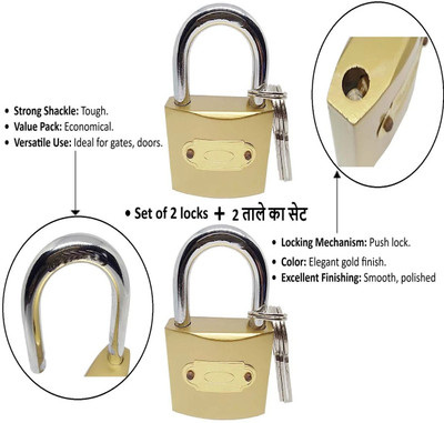 Rizmeg Medium purpose, Set of 2, 50 MM Push Gold Padlock for Home and Door Security Padlock(Gold)