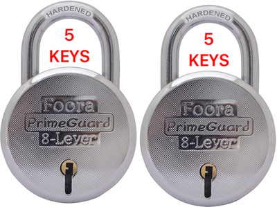 Foora Primeguard 65mm 8-Lever Steel Padlock with Hardened Shackle & 5 Keys (Pack of 2) Padlock(Silver)