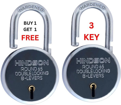 HINDSON Round 65mm Double Locking, 8 Levers with 3 Iron Key, Pack of 2 Padlock(Silver)