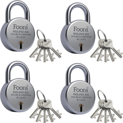 Foora Round 65 With 5 Keys (Pack of 4) – Double Locking Lock Padlock(Silver)