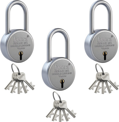 Foora Round 50 LS Lock with 5 Keys | Long Shackle Padlock (Pack Of 3) Padlock(Silver)