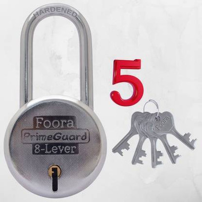 Foora PrimeGuard 65mm Long Shackle Lock | 8 Lever Double Locking System Padlock(Silver)