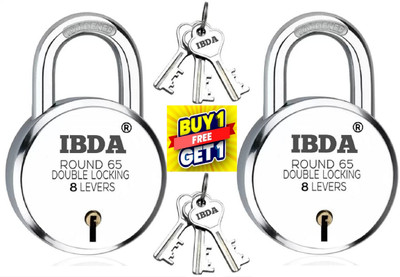 IBDA Round Lock 65mm 1+1 Pc.| Double Locking | 8 Levers' Technology | Rivetless Steel Padlock(Silver)