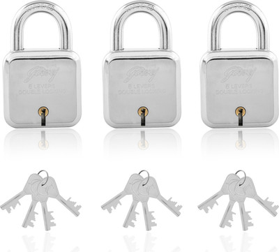 Godrej Locks Square 6 Levers with 4 Keys - Pack of 3 Padlock(Silver)