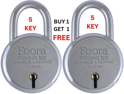 Foora Round 50mm Padlock with 5 Keys, Double Locking, 8 Lever, for Gate Door Lock Padlock(Silver)