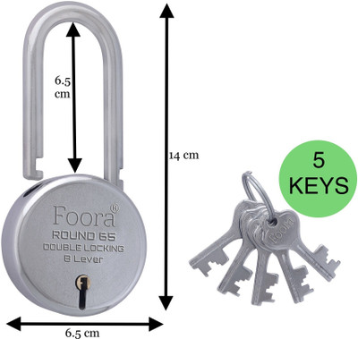 Foora Round 65 LS with 5 Keys, Extra Long Shackle, Double Locking Multipurpose U Lock(Silver)